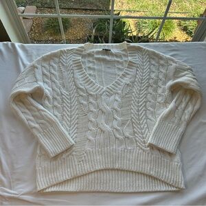 Express Womens Cable Knit Sweater Medium Ivory V Neck Cotton Blend Chunky Knit